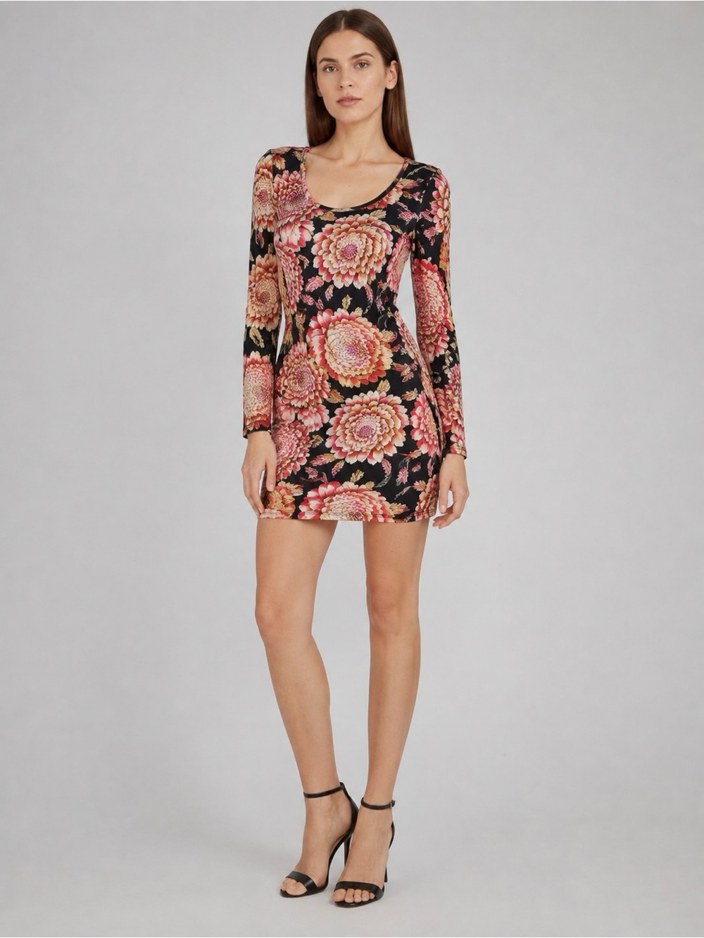 Just Cavalli Y2K Floral Print Dress Pink Black Long Sleeve Women IT 38 XS